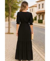 Comprar vestido longo preto feminino manga curta babados elegante para festa social barato em promoção ZARA